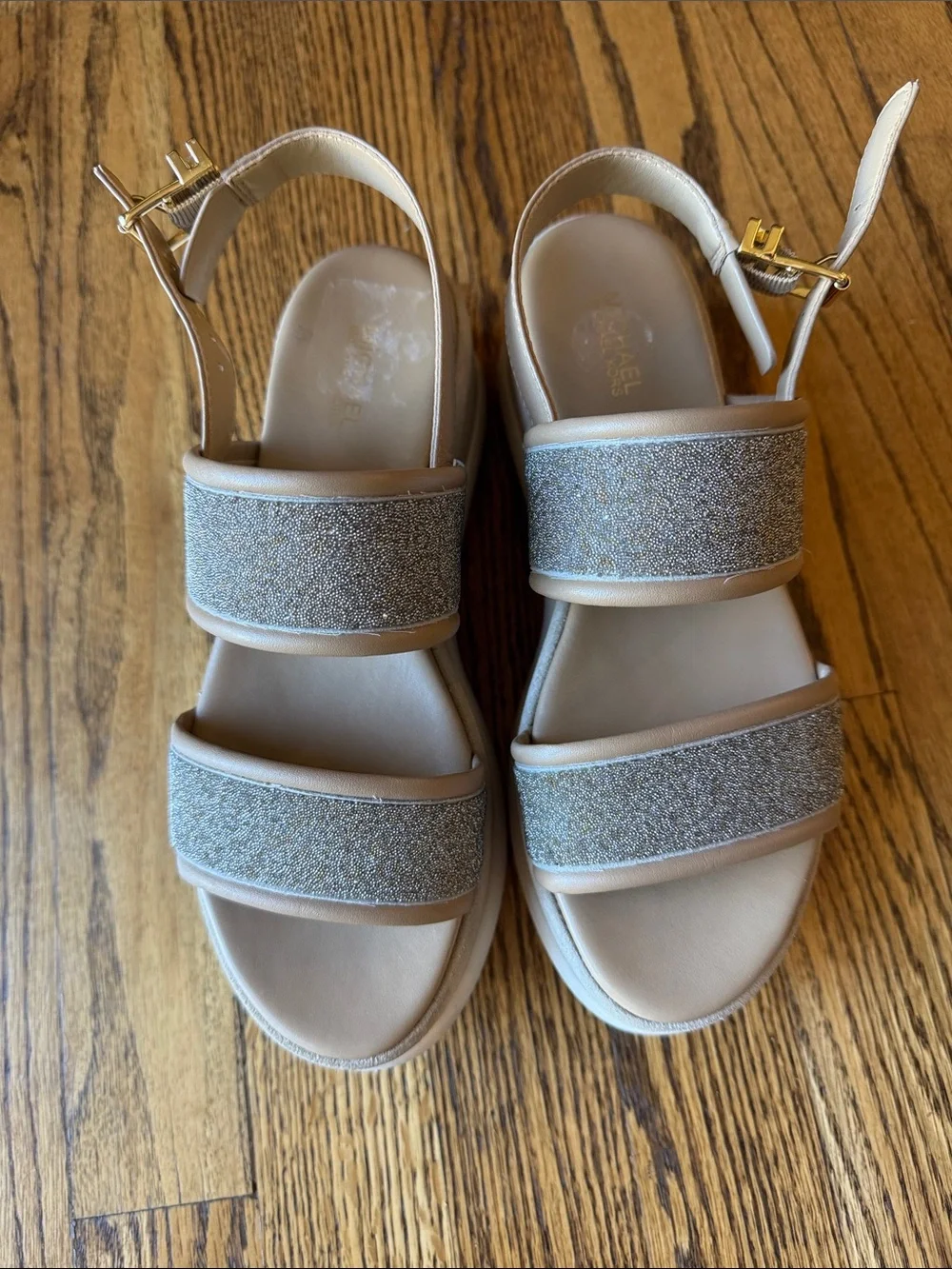 Michael Kors Presley Platform Sandal Tan Silver Glitter Sz 6
